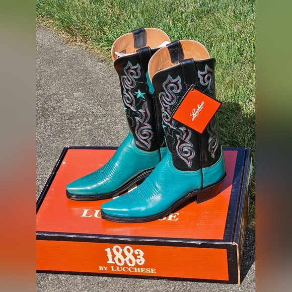 Lucchese Shoes - NIB 1883 Lucchese TURQUOISE & Blkk Leather Cowboy Cowgirl Western Boots sz 7.5 B